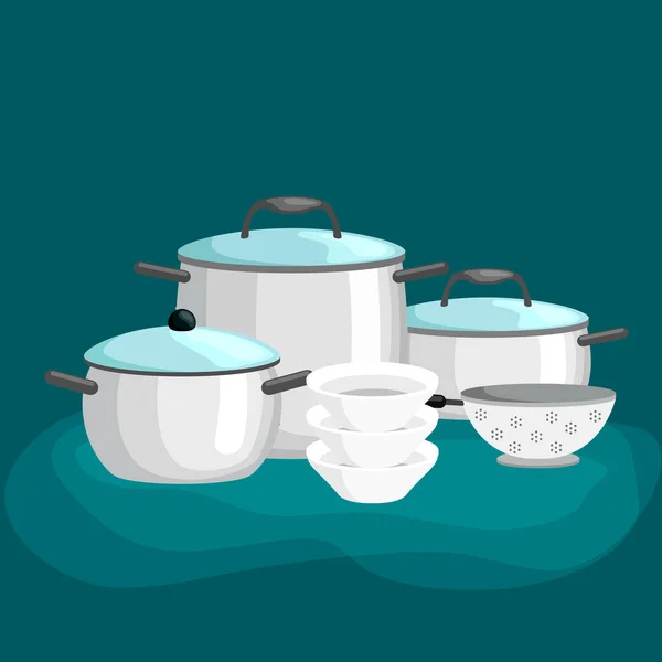 Outils et équipements de cuisine domestique, casseroles ensemble réaliste avec poêle à frire bol illustration vectorielle isolée — Image vectorielle