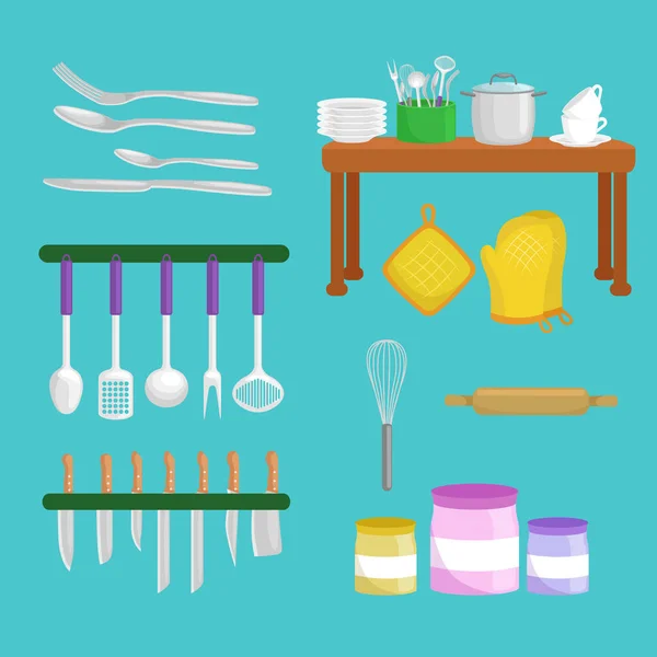Keukengerei iconen vector set. Cartoon keuken gebruiksvoorwerp collectie voor huishoudelijke bestek, keuken apparatuur — Stockvector
