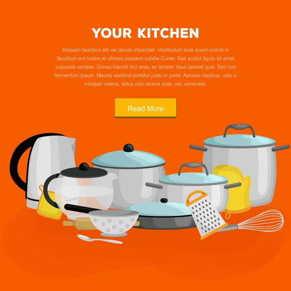 Dessin animé ustensiles de cuisine collection.Steel cuisine couverts ménagers, matériel de cuisine — Image vectorielle