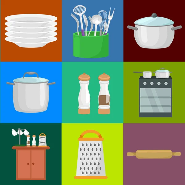 Eten en koken banner instellen met keukengerei gebruiksvoorwerpen, keuken van hulpmiddelen voor cook of maaltijden, huishoudelijke apparatuur — Stockvector