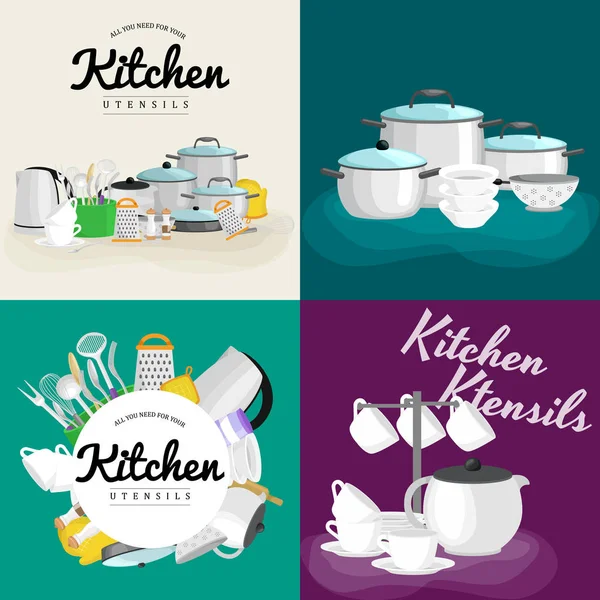 Kreslený kuchyňské nádobí kolekce. Ocelové kuchyňské domácností příbory, kuchyňské vybavení — Stockový vektor