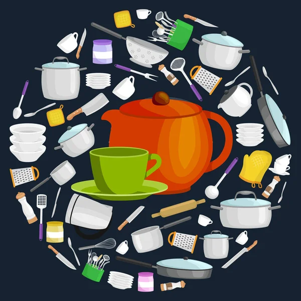Rajzfilm konyhai szerszám készlet, narancssárga teepot és zöld csésze és csészealj vektoros illusztráció gyűjteménye — Stock Vector