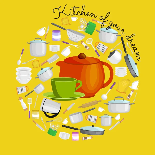 Cartoon keuken gebruiksvoorwerp ingesteld, verzameling van Oranje teepot en groene kopje met schotel vectorillustratie — Stockvector