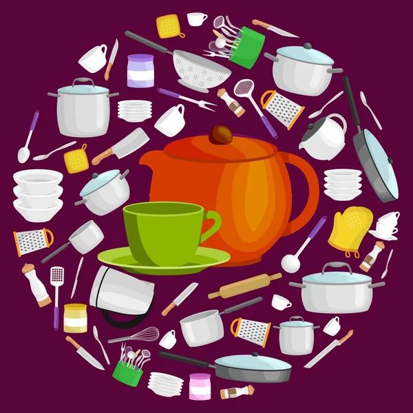 Cartoon keuken gebruiksvoorwerp ingesteld, verzameling van Oranje teepot en groene kopje met schotel vectorillustratie — Stockvector