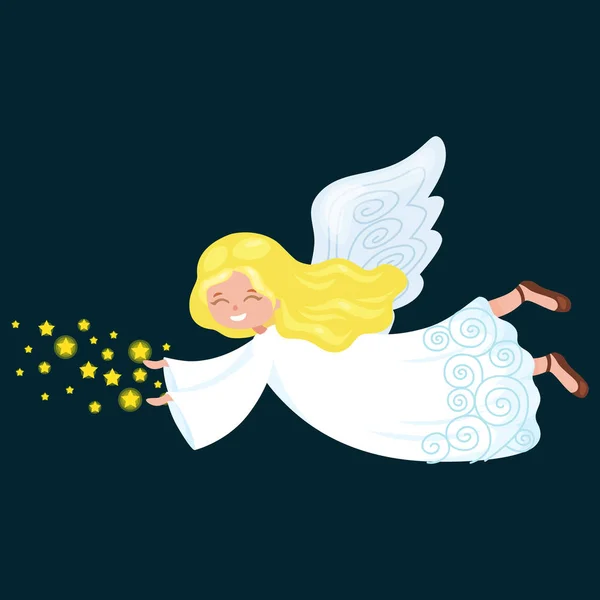 Navidad ángel volador de vacaciones con alas y estrellas como símbolo en la religión cristiana o año nuevo vector ilustración — Vector de stock