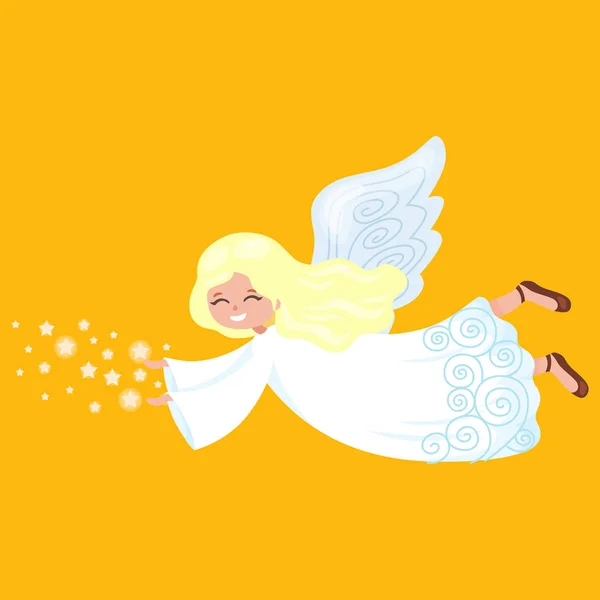 Navidad ángel volador de vacaciones con alas y estrellas como símbolo en la religión cristiana o año nuevo vector ilustración — Vector de stock