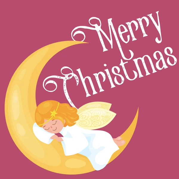Διακοπές των Χριστουγέννων που φέρουν Άγγελος με φτερά ύπνου στο φεγγάρι σαν σύμβολο στην χριστιανική θρησκεία ή νέο έτος εικονογράφηση διάνυσμα — Διανυσματικό Αρχείο