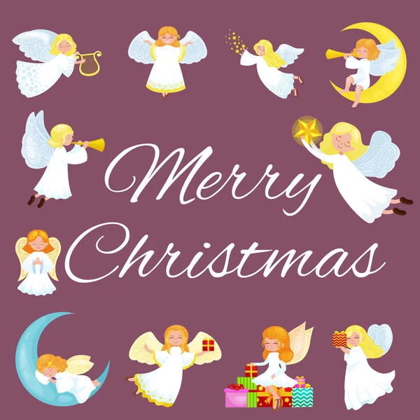 Διακοπές Χριστουγέννων σετ που φέρουν Άγγελος με φτερά και κουτί δώρα ή τα αστέρια, φεγγάρι σαν σύμβολο στην χριστιανική θρησκεία εικονογράφηση φορέα το νέο έτος — Διανυσματικό Αρχείο
