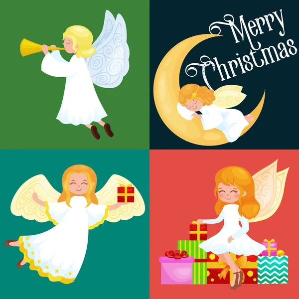 Διακοπές Χριστουγέννων σετ που φέρουν Άγγελος με φτερά και κουτί δώρα ή τα αστέρια, φεγγάρι σαν σύμβολο στην χριστιανική θρησκεία εικονογράφηση φορέα το νέο έτος — Διανυσματικό Αρχείο