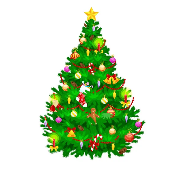 Svátek vánoční stromeček, samostatný dekorace pro oslavit Vánoce s koule zlaté zvonky svíčky hvězdy světla cukroví a perník muži — Stockový vektor
