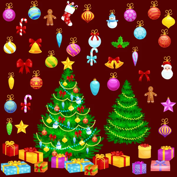 Feriado árvore de natal decoração isolada para celebrar xmass com bola de ouro sinos velas estrelas luzes doces e homens de gengibre —  Vetores de Stock