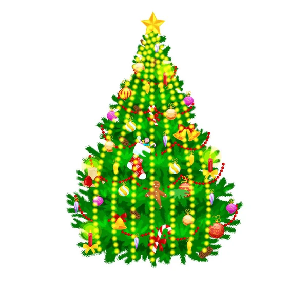 Noël Noël arbre décoration isolée pour célébrer xmass avec boule cloches d'or bougies étoiles allume bonbons et pain d'épice hommes — Image vectorielle