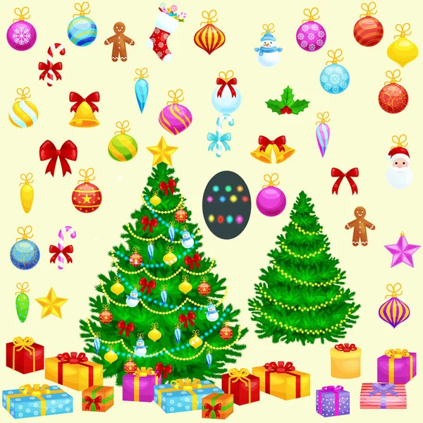 Vakantie kerstboom geïsoleerd decoratie voor vieren xmass met gouden bal klokken kaarsen sterren lichten snoep en peperkoek mannen — Stockvector
