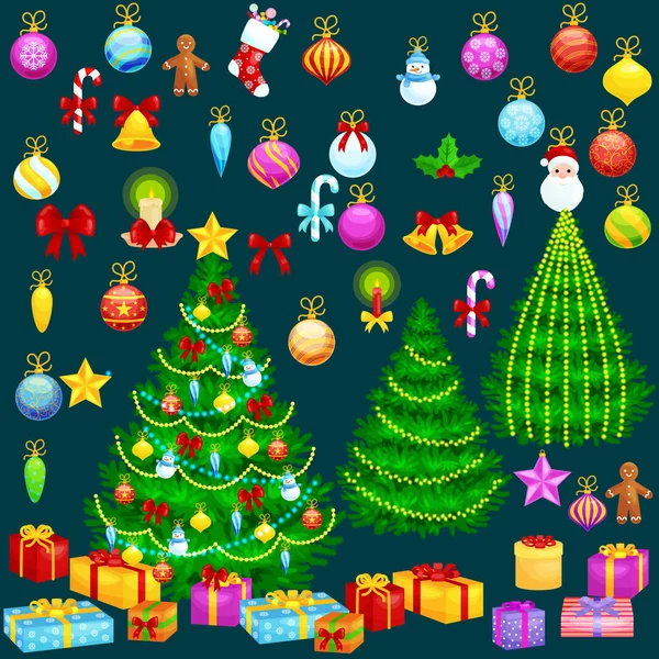 Праздничные рождественские елки изолированные украшения для празднования xmass с шариком золотые колокольчики свечи звезды зажигают конфеты и пряники мужчин — стоковый вектор