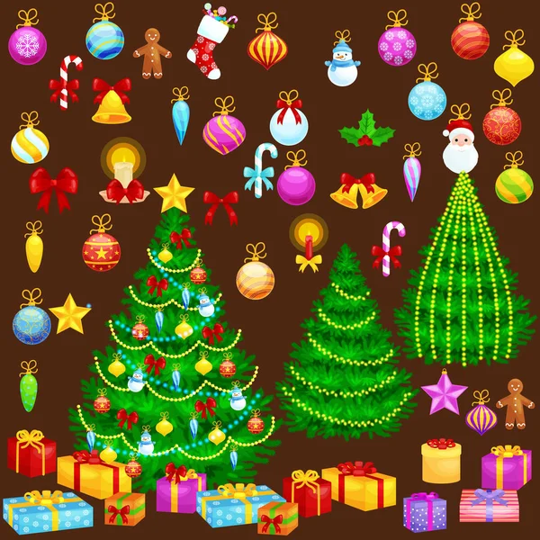 Святкові різдвяні ялинки ізольовані прикраси для святкування хмари з м'ячем золоті дзвони свічки зірки вогні цукерки та імбирні чоловіки — стоковий вектор