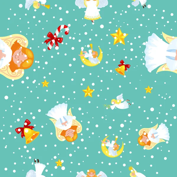 Noel tatili Melek kanatları ve sembol Hıristiyan din ya da yeni yıl gibi altın trompet ile gökyüzünde uçan vektör çizim üzerinde ay jingle bells küçük sevimli kız yıldız.