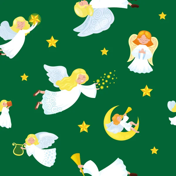 Christmas holiday flygande ängel i himlen med vingar och gyllene trumpet som symbol kristna religion eller nyår stjärnor lite söt flicka på månen jingle bells vektorillustration. — Stock vektor