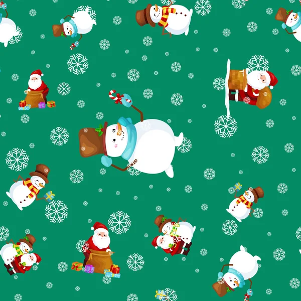 Prettige kerstdagen en gelukkig Nieuwjaar vrienden Santa Claus in hoed sneeuwpop in sjaal vieren Kerstmis, sneeuwval van sneeuwvlokken vectorillustratie — Stockvector