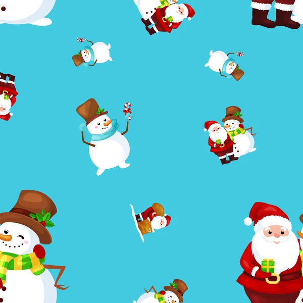 God jul och gott nytt år vänner Santa Claus i hatt snögubbe i halsduk fira xmas, snöfall från snöflingor vektorillustration — Stock vektor