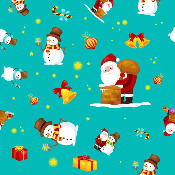 Naadloze patroon vrolijk kerstfeest en gelukkig Nieuwjaar, vrienden Santa Claus in hoed met presenteert sneeuwpop in sjaal vieren xmas, sterren winter geschenken vectorillustratie — Stockvector