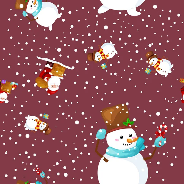 Prettige kerstdagen en gelukkig Nieuwjaar vrienden Santa Claus in hoed sneeuwpop in sjaal vieren Kerstmis, sneeuwval van sneeuwvlokken vectorillustratie — Stockvector