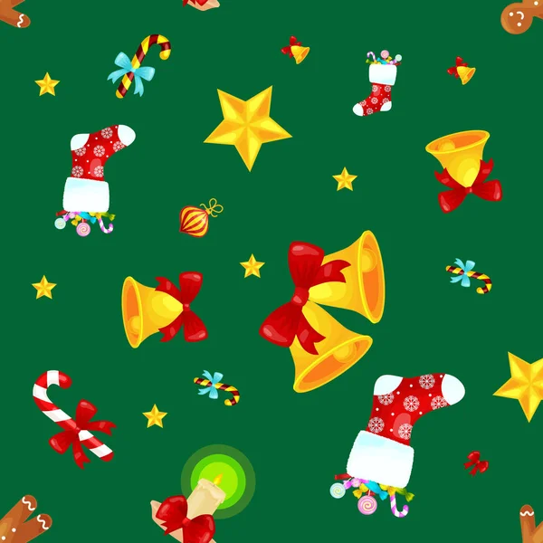 Vánoční bezešvé vzor muž perníčky, rolničky, Punčocha, dárky, Vánoční pozadí dekorace prvky textury vektorové ilustrace ornament, Zimní dovolená ponožka s cukroví a dárky — Stockový vektor