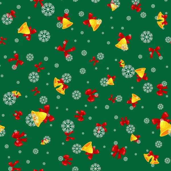 Texture di dorato Natale decorazione campane con cartone animato rosso fiocco, jingle campane senza soluzione di continuità modello nemico inverno vacanza vettore illustrazione, sfondo di Natale — Vettoriale Stock