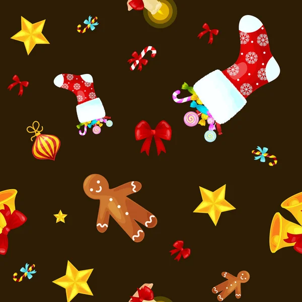 Kerst naadloze patroon gingerbread man cookies, jingle bells kous geschenken, xmas achtergrond decoratie elementen textuur sieraad vectorillustratie, winter vakantie Sok met snoep en cadeautjes — Stockvector