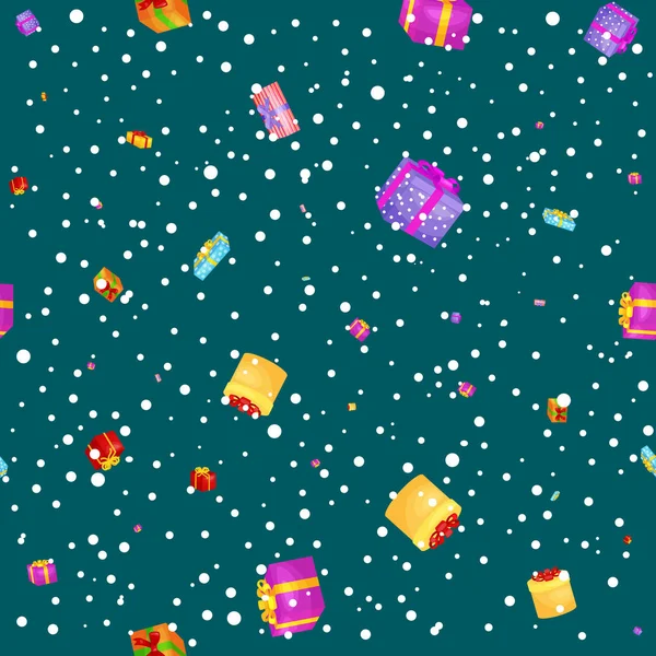 Seamless mönster presentförpackning för semester presenterar med band och rosetter, julklappar bakgrund, lycklig födelsedag eller xmas vektor illustration — Stock vektor