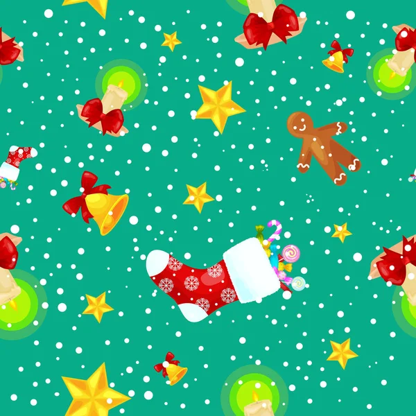 Christmass sömlösa mönster man pepparkakor, jingle bells stocking gåvor, xmas bakgrund dekoration element konsistens vektorillustration prydnad, vintern semester strumpa med godis och presenter — Stock vektor