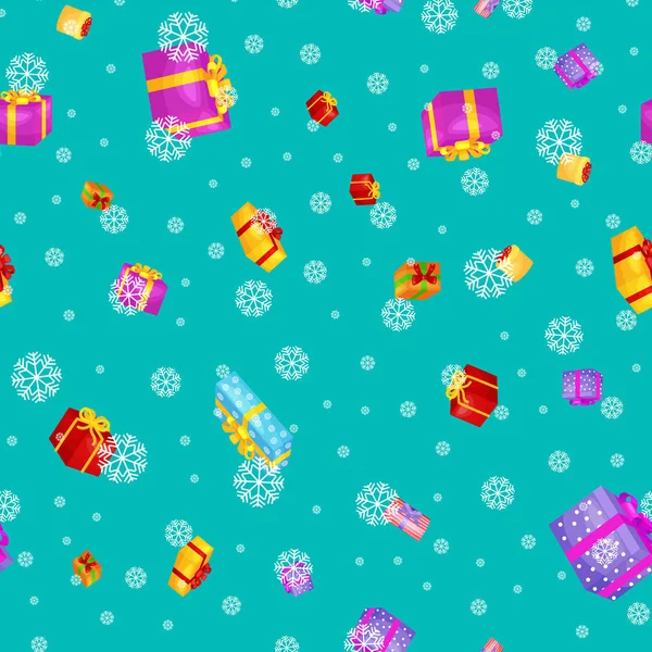 Бесшовный шаблон подарочная коробка для праздничных подарков с лентами и бантами, рождественские подарки фон, с днем рождения или Xmas векторной иллюстрации — стоковый вектор