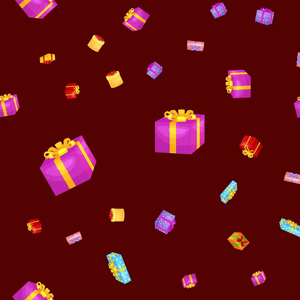 Caja de regalo de patrón sin costuras para regalos de vacaciones con cintas y arcos, Navidad presenta fondo, feliz cumpleaños o ilustración de vector de Navidad — Archivo Imágenes Vectoriales