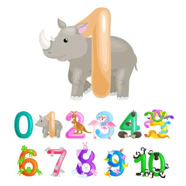 Número ordinal 1 para enseñar a los niños que cuentan un rinoceronte con la capacidad de calcular la cantidad de animales abc alfabeto libros de jardín de infantes o carteles de la escuela primaria colección vector ilustración — Vector de stock
