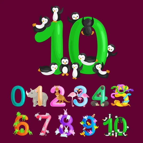 Número ordinal 10 para enseñar a los niños a contar diez pingüinos con la capacidad de calcular la cantidad de animales abc alfabeto libros de jardín de infantes o carteles de la escuela primaria colección vector ilustración — Archivo Imágenes Vectoriales