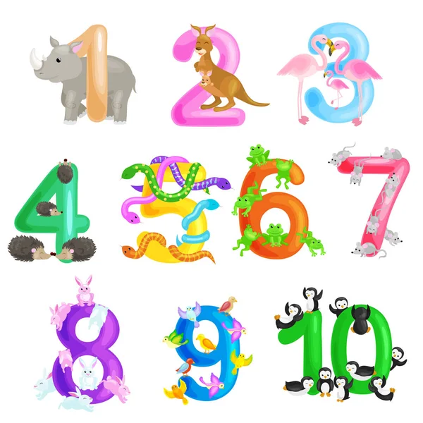 Conjunto de números ordinales para enseñar a los niños a contar con la capacidad de calcular la cantidad de animales abc alfabeto libros de jardín de infantes o carteles de la escuela primaria colección vector ilustración — Archivo Imágenes Vectoriales