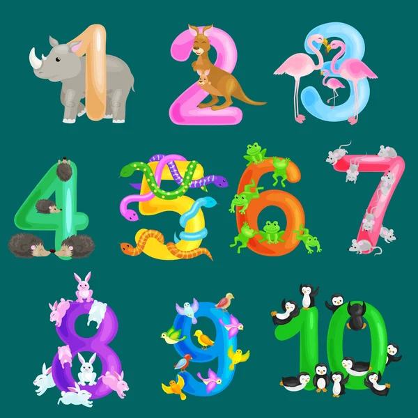 Conjunto de números ordinales para enseñar a los niños a contar con la capacidad de calcular la cantidad de animales abc alfabeto libros de jardín de infantes o carteles de la escuela primaria colección vector ilustración — Vector de stock