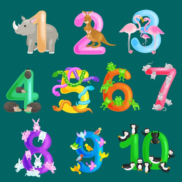 Ensemble de nombres ordinaux pour enseigner aux enfants à compter avec la capacité de calculer la quantité d'animaux abc alphabet maternelle livres ou élémentaire affiches collection illustration vectorielle — Image vectorielle