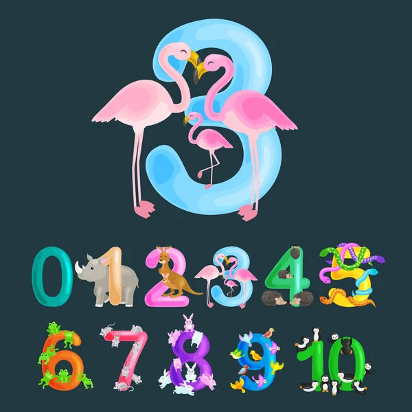 Número ordinal 3 para enseñar a los niños a contar tres flamencos con la capacidad de calcular la cantidad de animales abc alfabeto libros de jardín de infantes o carteles de la escuela primaria colección vector ilustración — Vector de stock