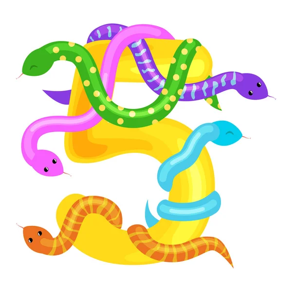 序数 5 量 5 動物 abc アルファベット幼稚園本または小学生ポスター コレクション ベクトル図を計算する能力を持つヘビを数える子供の教育 — ストックベクタ
