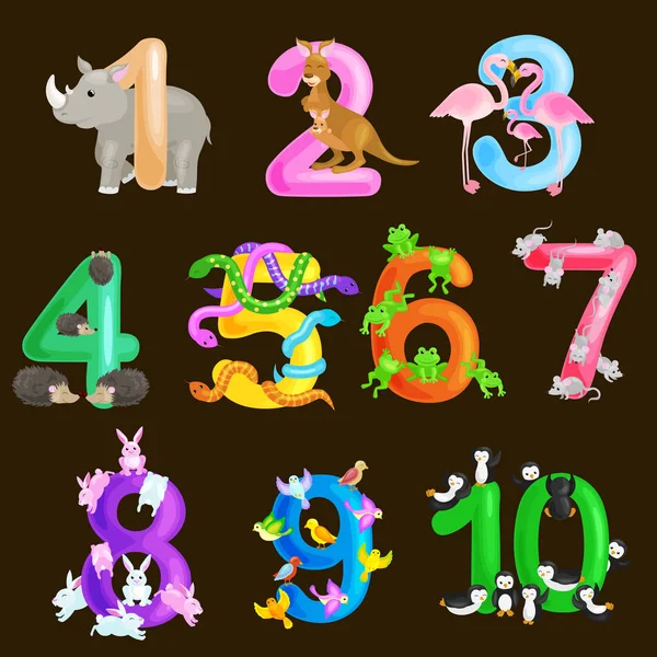 Készlet-ból sorszámok tanítása gyerekeknek, számítva arra, hogy az összeg állatok abc abc óvoda könyvek vagy általános iskola plakátok gyűjteménye vektor illusztráció — Stock Vector