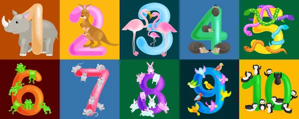カウント量動物 abc アルファベット幼稚園本または小学生ポスター コレクション ベクトル図を計算する能力を持つ子供たちを教えるための序数のセット — ストックベクタ