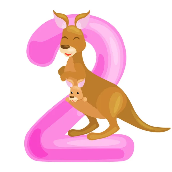 Ordnungszahl 2 für den Unterricht von Kindern, die zwei Känguru-Mütter und -Babys in einer Tüte zählen, mit der Fähigkeit, die Menge Tiere zu berechnen Abc-Alphabet Kindergartenbücher oder Grundschulplakatsammlung — Stockvektor
