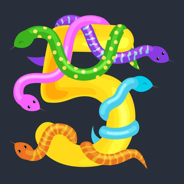Ordinal numéro cinq pour enseigner aux enfants à compter les serpents avec la capacité de calculer le montant 5 animaux abc alphabet maternelle livres ou affiches école primaire collection illustration vectorielle — Image vectorielle