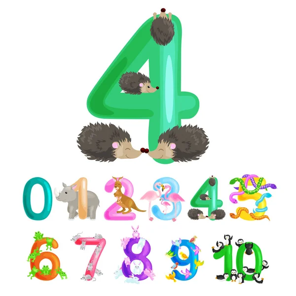 Rendszám 4 tanítása gyerekeknek számlálás négy sün képes kiszámítani összeget állatok abc abc óvoda könyvek vagy általános iskola plakátok gyűjteménye vektor illusztráció — Stock Vector