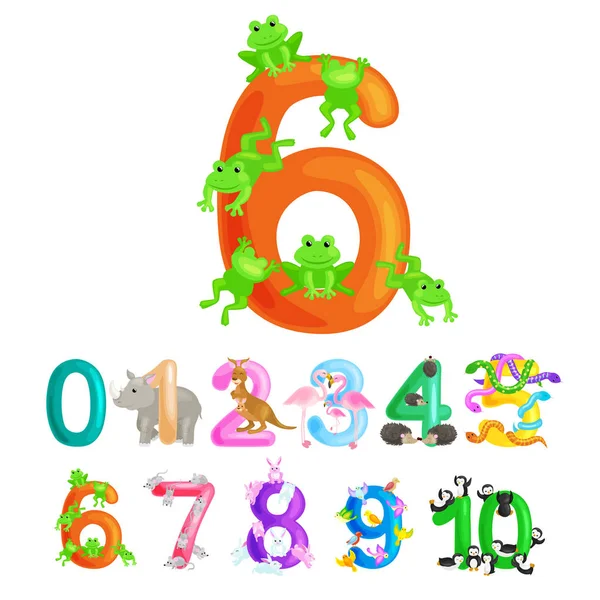 Números ordinales seis para enseñar a los niños contando 6 ranas con la capacidad de calcular la cantidad de animales abc alfabeto libros de jardín de infantes o carteles de la escuela primaria colección vector ilustración — Archivo Imágenes Vectoriales