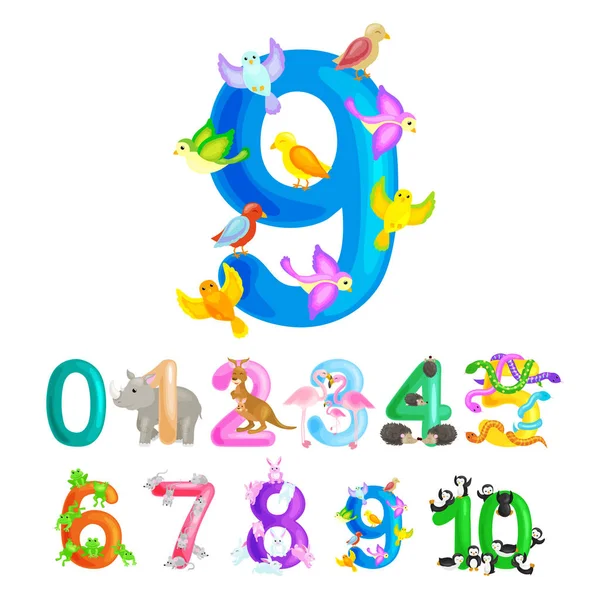 Números ordinales 9 para enseñar a los niños a contar nueve pájaros con la capacidad de calcular la cantidad de animales abc alfabeto libros de jardín de infantes o carteles de la escuela primaria colección vector ilustración — Archivo Imágenes Vectoriales