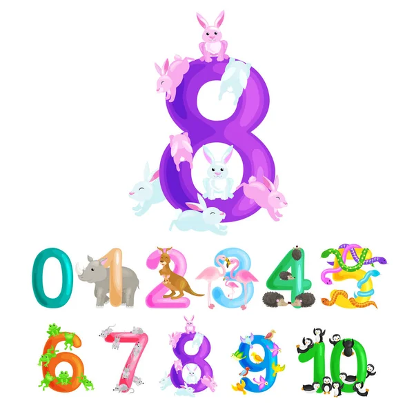 Ordningstal för att lära barn räknar med förmågan att beräkna mängden djur abc alfabetet dagis böcker eller grundskolan affischer samling vektorillustration — Stock vektor