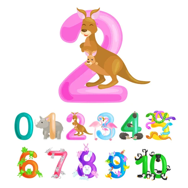 Ordinal numéro 2 pour enseigner aux enfants à compter deux kangourous Maman et bébé en sac avec la possibilité de calculer la quantité d'animaux abc alphabet maternelle livres ou élémentaire collection d'affiches de l'école — Image vectorielle