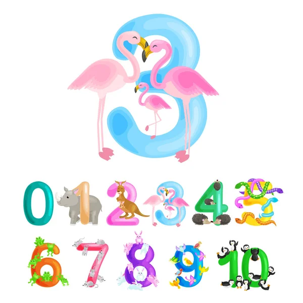 Rendszám 3 tanítása gyerekeknek számítva három flamingók képes kiszámítani összeget állatok abc abc óvoda könyvek vagy általános iskola plakátok gyűjteménye vektor illusztráció — Stock Vector