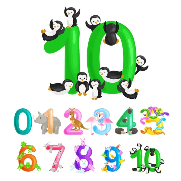 Liczba porządkowa 10 do nauczania dzieci liczenia dziesięć pingwiny z możliwością obliczania kwoty zwierząt abc alfabet przedszkole książki lub szkoły plakaty kolekcja ilustracji wektorowych — Wektor stockowy